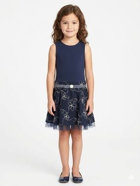 Rare Editions Navy Sleeveless Dress with Embroidered Floral Skirt